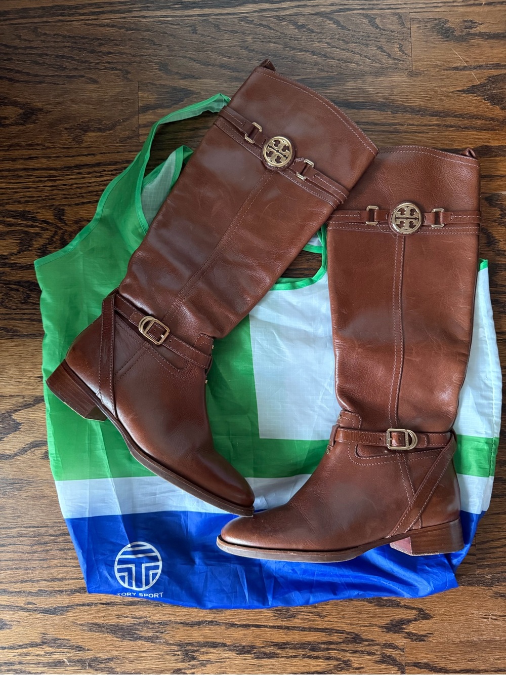 Tory Burch Chestnut Brown Leather Tall Riding Boots with Gold Logo